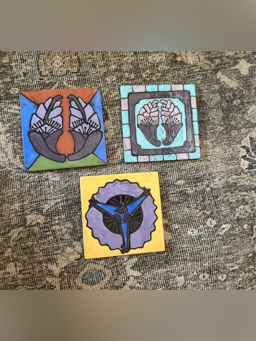 Vintage Salvaged Porcelanite Spain Art Tiles – Set of 3 Abstract Hand-Glazed